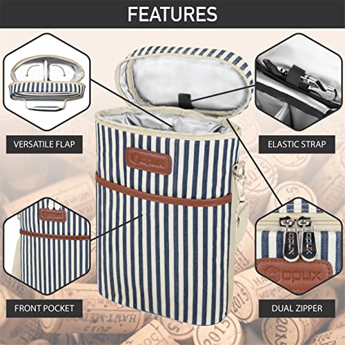 opux 2 Bottle Wine Carrier Tote, Insulated Leakproof Wine Cooler Bag, Wine Travel Bag for Picnic BYOB Beach, Portable Wine Bottle Carrying Case, Gift for Wine Lover Women Men Christmas,Stripe - color: Navy Stripes