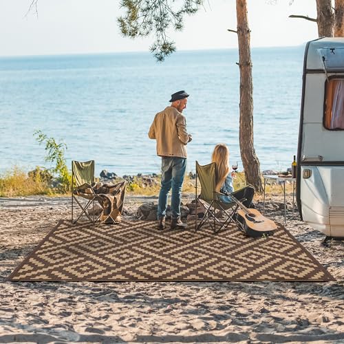 GENIMO Outdoor Rug for Patio Clearance, 6'x9' Reversible Plastic Straw Rugs, Lightweight Waterproof RV Camping Mat for Camper, Balcony, Deck, Backyard, Picnic, Coffee & Brown - color: Coffee&brown, size: 6' x 9' (Rectangular)