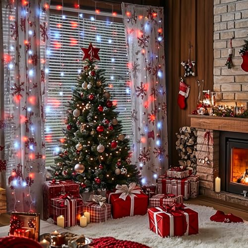JMEXSUSS 300LED Red and White Christmas Curtain Lights with Remote, 9.8x9.8ft Christmas String Lights Plug in, 8 Modes Twinkle Hanging Fairy Lights for Bedroom Window Wall Porch Indoor Outdoor Decor - color: Red and White, size: 300 LED