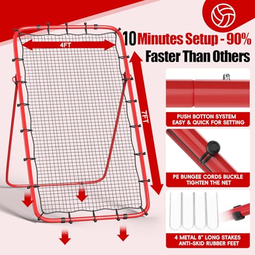 Volleyball Rebounder Net 7x4 Ft, 5-Angle Adjustable Rebounder Net for Practicing Digging, Setting, Spiking, Bounce Back Training Equipment with 2 Target Stripes & Portable Travel Bag for Storage - color: FBM-NET101-2-Red