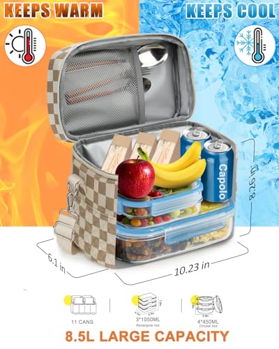 Capolo Lunch Box for Women Men Adults,Insulated Lunch Bag Leakproof Lunch Cooler Box with Removable Strap Cute Lunch Tote Bags Reusable Thermal Lunchbox for Work Picnic(Small,Khaki Checkered) - color: Khaki Checkered, size: Small
