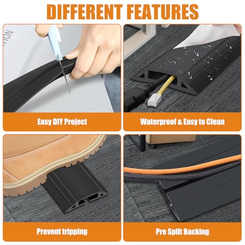 10 ft Cord Covers for Wires on Floor, Heavy Duty PVC Duct Floor Cord Cover, Floor Cable Cover Easy to Unroll Prevent Trip Hazard for Home Office or Outdoor Settings (Black) - size: 10 Feet - Black - 1 Pack
