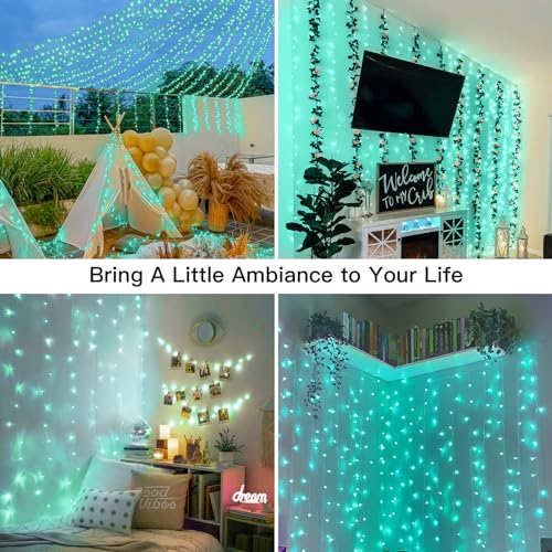 suddus Curtain Lights for Christmas, 200 Led 6.5ft x 6.5ft Hanging String Lights Outdoor, Fairy Curtain Lights for Backdrop, Window, Wall, Party, Garden, Bedroom, Birthday Decorations, Teal - color: Teal, size: USB-200 LED