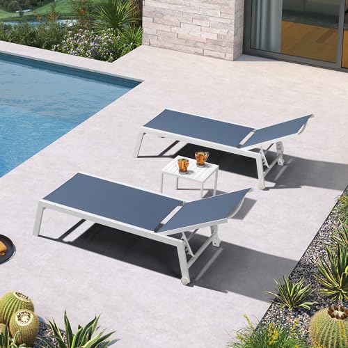PURPLE LEAF Oversize Chaise Lounge Chair Outdoor 2 Pieces White Aluminum Lounge Chair with Wheels and Table for Pool Deck Patio, Indigo - color: Indigo, style: Oversize Inclining-leg