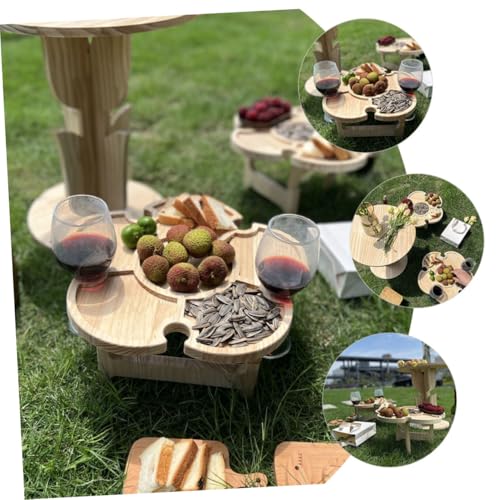Ciieeo Portable Foldable Wood Wine Desk Outdoor Picnic Beverage Table Small Beach Camping Side Table with Tray 35cm Diameter for Travel BBQ and Lawn Use