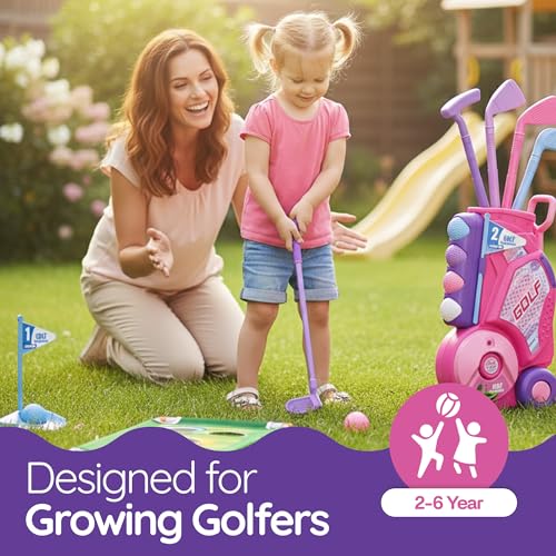 Toddler/Children Golf Set for Kids Ages 2,3,4,5 Years Old – Fun Indoor & Outdoor Golf Toy with Cart, 4 Clubs, 8 Balls & 2 Practice Holes – Sports Kit for Boys and Girls (Pink)