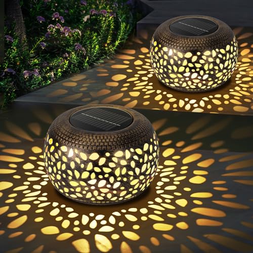 Solar Lanterns Waterproof Outdoor Decor: 2 Pack Hollow Out Retro Metal Solar Lights - Unique Gardening Gifts for Women Mom - Outside Garden Yard Patio Porch Tabletop Decorations 2 Lighting Colors - size: Bronze 2 Pack