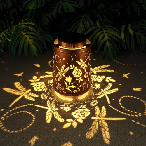 Solar Outdoor Lanterns, Dragonfly Garden Decor LED Light Hanging Waterproof Solar Lantern Birthday Gifts for Women Mon Grandma Sunflower Solar Lights Outdoor Decoration for Patio - style: Dragonfly