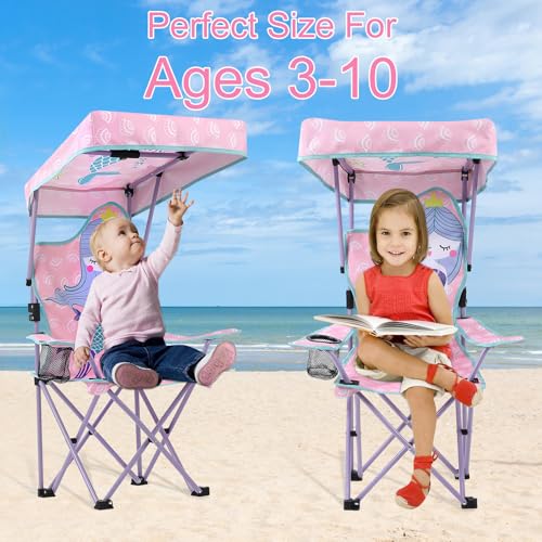 KABOER Kids Outdoor Folding Lawn and Camping Chair with Cup Holder and Carrying Bag, Children's Camping Chairs - color: Mermaid With Canopy