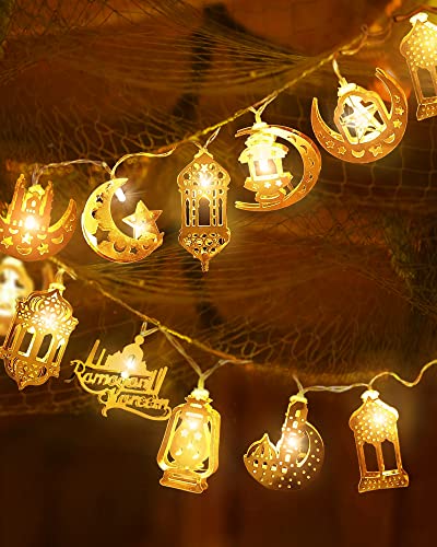 Ramadan Decorations, 10 LEDs Eid Moon Star Kerosene Lantern Lamp 5.41 Feet, Mubarak Moon String Lights, Battery Operated, Ramadan Decorations for Home 2024 Eid Mubarak (Warm White Color) مصباح رمضان - style: Art Deco