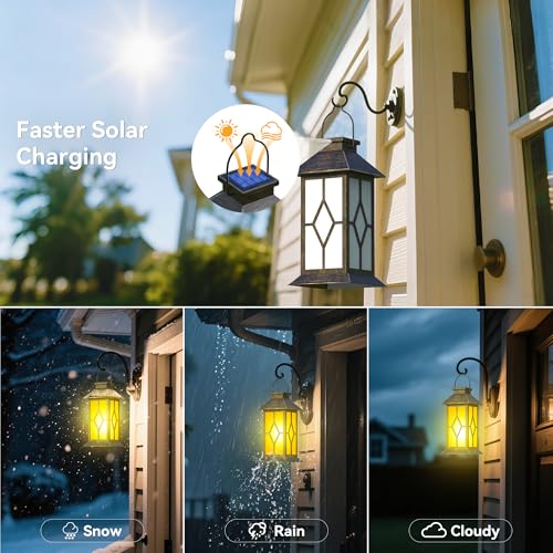 2Pack Patina 13" Metal & Glass Solar Lantern with Flickering Flame, Outdoor Waterproof Hanging Lantern for Garden Patio Yard Pathway Porch Decorative, Vintage Gifts for Mom - style: Bronze-Rhombus