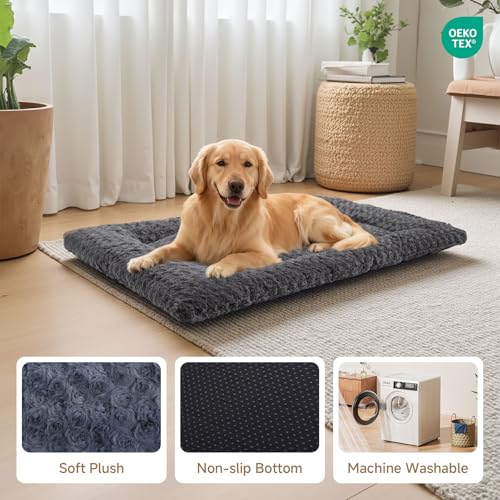 Washable Dog Bed Mat Soft Dog Crate Pad Fluffy Pet Kennel Beds Sleeping Mattress with Non-Slip Bottom for Extra Large Jumbo Medium Small Dogs, 53 x 36 Inch, Grey - color: Grey, size: 53.00" x 36.00" x 1.50"
