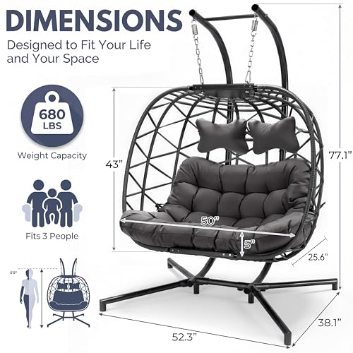 BULEXYARD Double Hanging Egg Swing Chair with Removable Cover, Extra Large 2 Person Patio Chair with Stand, Comfy Wicker Loveseat with Cushion for Indoor Outdoor Balcony Backyard, Dark Gray - color: Grey/Grey, size: 2 Seats with Cover