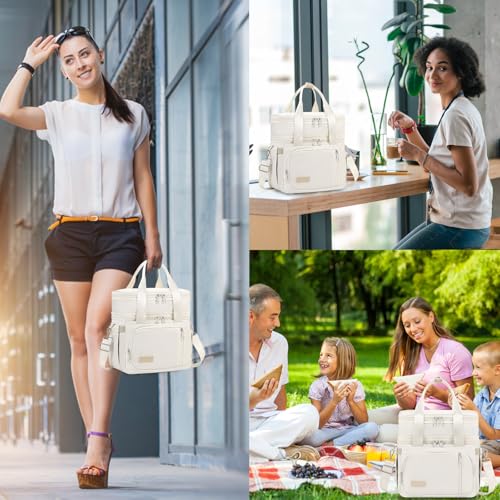 MAPLELILY Lunch Box for Men Women - Double Deck Insulated Lunch Bag, Large Leak Proof Tote Cooler, Wide Open Dual Compartment Lunch Bags with Shoulder Strap, For Work Picnic Hiking Beach, Beige - color: Beige