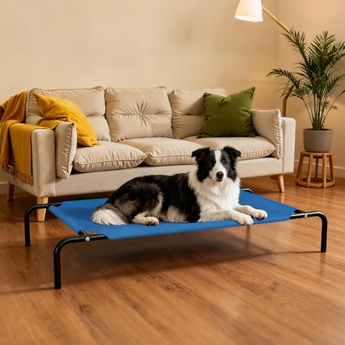 STARLATTA Elevated Cooling Dog Bed for Large Dogs,Waterproof Outdoor Pet Cot with Washable Breathable Mesh,Non-Slip Feet,Comfortable Dry Raised Dog Bed,50.8 x 31 x 8 Inches,Blue