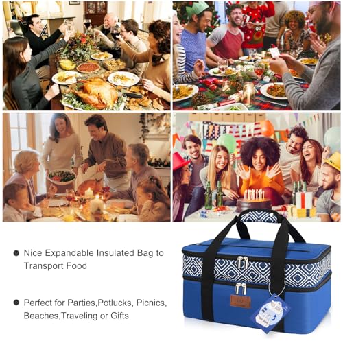 Genteen Insulated Casserole Carrier,Expandable Double Insulated Food Carrier for Hot and Cold Food, Fits 9x13 Casserole Dish,Lasagna Holder Tote for Parties Potluck Picnic (Blue)