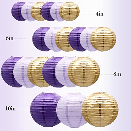 Paper Lanterns Decorative, Round Hanging Lanterns Party Supplies for Graduation Bachelorette Gender Neutral Baby Shower Birthday Party Decorations Purple/Lavender/Gold 21pcs - color: PurpleGold