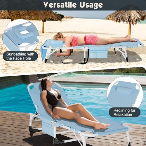 MOPHOTO Tanning Chair, Outdoor Sunbathing Lounge Chair 5-Position, Folding Chaise Lounger, Sun Tanning Lounger with Face Hole, Perfect for Pool Beach Patio - color: Light Azure, style: Sunbather Lounge