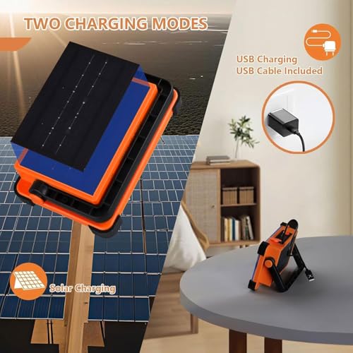 120W Solar Rechargeable Work Light, 144 LED 10000LM Portable Flood Light with Stand, IP66 Waterproof 4 Modes LED Job Site for Mechanic Camping Fishing Car Repair (Orange 1 Pack) - style: Orange 1 Pack