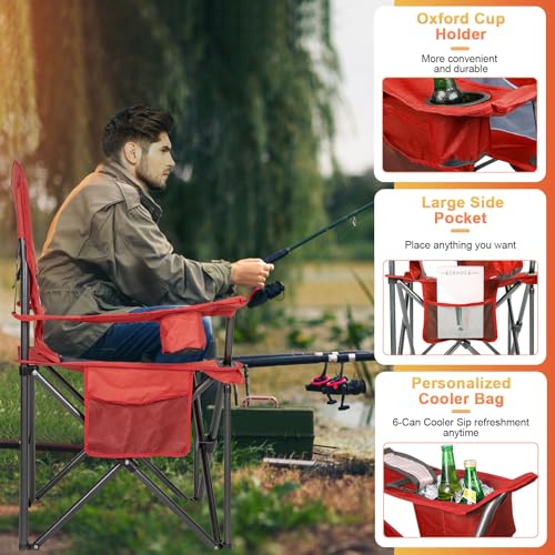 Romswi Oversized Camping Chairs,Heavy Duty Support 500 LBS,Padded Back & Arm Sport Chairs, Cup Holder Cooler Bag, Collapsible Folding Chairs for Outdoor, Fishing & Garden, Red,2-Pack - color: Red