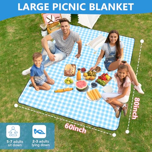 OBTANIM Extra Large Picnic Blanket 60 x 80 Inch Waterproof Foldable Beach Blankets Outdoor Picnic Mat for Camping Grass Lawn Park Music Festival Party Accessories (Blue and White) - color: Blue and White, size: 60 x 80 Inch
