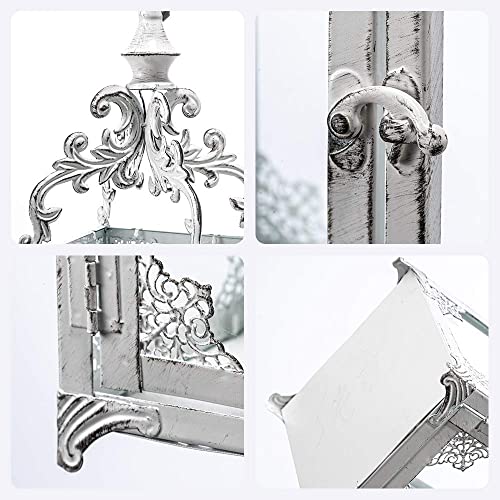 NEEDOMO Lanterns Decorative Indoor, 16" White Hanging Lantern Decor Outdoor, Vintage Metal Large Candle Lantern for Patio, Front Porch, Table, Home Decor, Candle Holder with Clear Glass - color: Beige