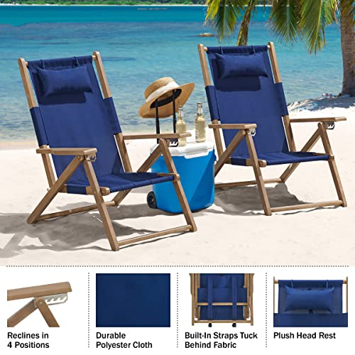 Lavish Home Set of 2 Beach Chair - Outdoor Weather-Resistant Wood Folding Chair with Backpack Straps - 4-Position Reclining Seat - Beach Essentials (Blue) - color: Blue, style: Set of 2