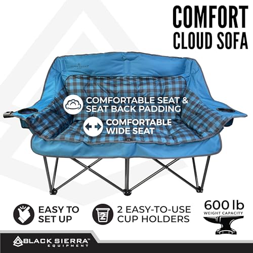 Black Sierra Double Loveseat Comfort Camping Couch, Oversized Folding Chair for Adults, 600‑lb Capacity, Plush Padded Heavy Duty Outdoor Seat with Cup Holders & Carry Bag for Beach, RV | Double loveseat, 600 lb capacity, Padded comfort, Outdoor ready, Cup