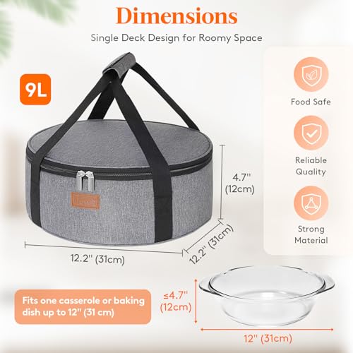 Lifewit Insulated Single Decker Round Casserole Carrier, Portable Pie Carrier Bag for Hot or Cold Food, Fits 12.5" Baking Dish, Thermal Lunch Tote for Potluck Parties, Picnic and Cookouts, Grey - color: Gray, size: 12.2 x 12.2 x 4.7inch