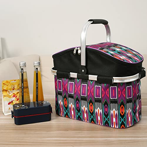 Insulated Picnic Basket 26L Portable Collapsible Market Leakproof Tote with Aluminum Handle for Camping, Shopping, Travel, Large Size (Purple) - color: Purple