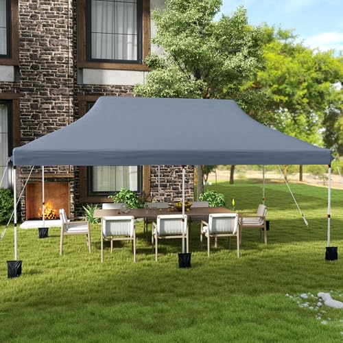 Tangkula 10x20 Ft Pop Up Canopy, Instant Setup Outdoor Tent with 6 Sand Bags, 12 Stakes & 6 Ropes, UPF 50+ Portable Canopy Tent with Carrying Bag for Camp, Beach, Patio (Grey) - color: Gray, size: 10x20 Ft
