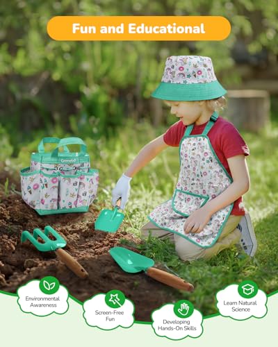Grenebo Kids Gardening Set Toys,Includes Metal Trowel,Transplanting Shovel,Garden hat,Rake,Apron,Gloves,Watering Can,and Tool Organizer Bag (Lake Green) - color: D-lake Green