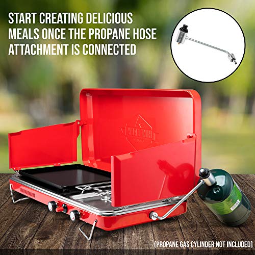 Hike Crew 2-in-1 Gas Camping Stove and Griddle, Portable Propane Burner w/Integrated Igniter & Stainless Drip Tray | Built-in Carrying Handle, Foldable Legs & Wind Panels | Includes Regulator - color: Red