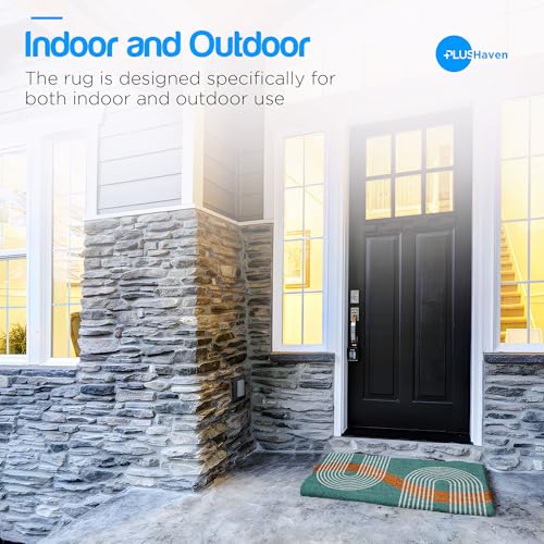 PLUS Haven Coco Coir Door Mat with Heavy Duty Backing, Natural Welcome Blue Abstract Doormat, 17.5”x 30” for Entrance, Front Porch, Easy to Clean Entry Mat, Outdoor and Indoor Uses - color: Blue Abstract