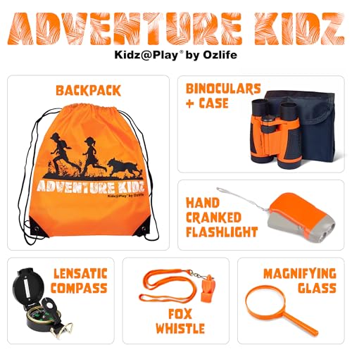 Adventure Kidz - Outdoor Exploration Kit, Children’s Toy Binoculars, Flashlight, Compass, Whistle, Magnifying Glass, Backpack. Great Kids Gift Set for Camping, Hiking, Educational and Pretend Play. - color: Orange