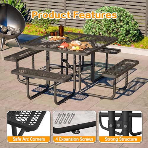 46" Square Metal Picnic Tables for Outdoors with Umbrella Hole - Coated Steel Heavy Duty Commercial Grade Table with Seats, Patio Furniture Set for a Lifetime, Black - color: Black-square