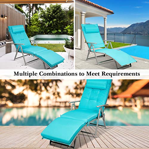 Tangkula Outdoor Folding Chaise Lounge Chair, Lightweight Recliner Chair w/ 7 Adjustable Backrest Positions, Patio Reclining Beach w/Removable Cushion & Pillow for Patio Poolside No Assembly Required - color: Turquoise
