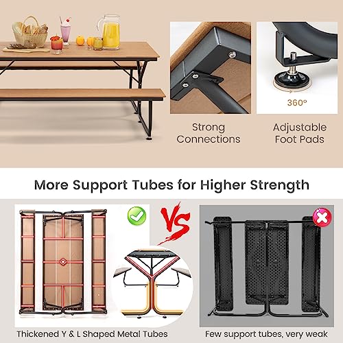 Giantex 6 FT Outdoor Picnic Table Bench Set for 6-8 People, 2400 LBS Capacity Patio Dining Table & 2 Benches with Metal Frame & HDPE, Balcony Conversation Set for Poolside Deck Garden (Brown) - color: Brown