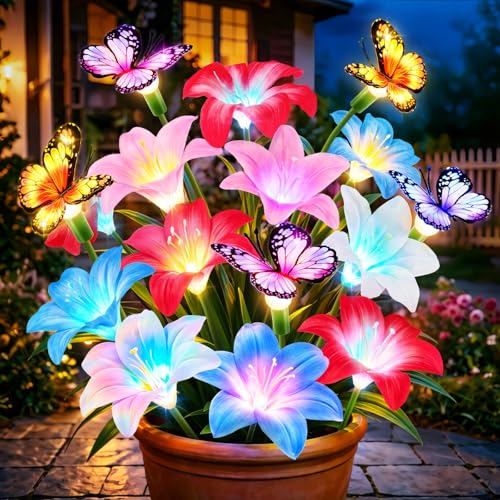 Ahaorigin Solar Garden Lights Outdoor，8 Pack Solar Lily Flowers Outdoor, 7 Color 64 LEDS Solar Flower Lights with Butterfly, IP65 Waterproof Adjustable Stems for Garden Yard Patio Decor - size: Lilies Flowers - 8pc