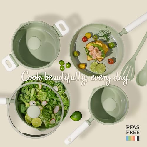 CAROTE Pots and Pans Set Non stick, 15pcs Ceramic Cookware Set Nonstick Non Toxic Cookware,Dishwasher,RV/Camping Cookware Set,Green - color: Green