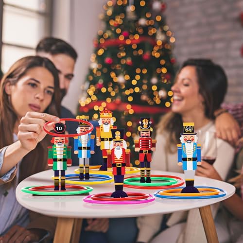 Jenaai 32 Pcs Christmas Wooden Nutcrackers Ring Toss Game, Christmas Ring Toss Game Set for Family Indoor Outdoor Play Xmas Party Supplies Decoration - style: Nutcracker
