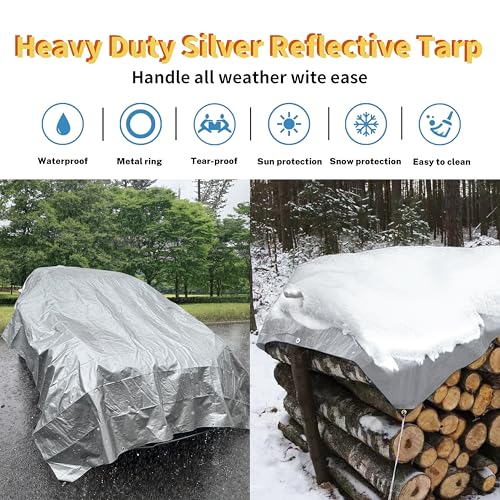 TARPAL 12x15 tarp,Heavy Duty Tarp 14mil Silver Reflective Tarps Waterproof with Grommets and Reinforced Edges UV Protection,Tear Resistant for Firewood,RV,Boat,Roof,Car,Camping - color: Silver, size: 12x15 Feet-Finished size
