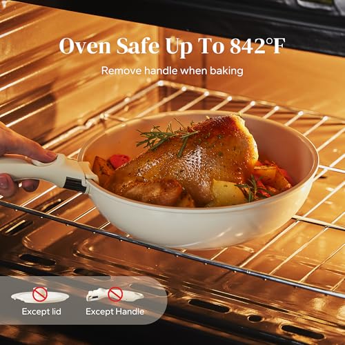 Redchef Ceramic Pots and Pans Set, Nonstick Kitchen Cookware Set with Detachable Handle, Non Toxic Cookware Set 16pcs, PFAS PFOA & PTFE Free, RV Ceramic Cookware for Camping, Dishwasher/Oven Safe - size: 16 Pcs Beige
