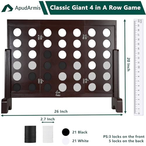 ApudArmis Wooden 4 in a Row Game, Classic Wooden 4-to-Score Game Set with Coins & Carrying Bag-Indoor Outdoor Games for Adults Family
