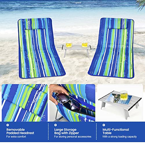 Giantex Beach Chairs for Adults 2 Pack Set with Side Table, 5 Position Adjustable Folding Lawn Chair for Sunbathing, Patio Chaise Lounge Lightweight Backpack Camping Chairs (Stripe) - color: Stripe
