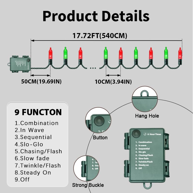 LAMPHOME 50 LED Outdoor Christmas Lights, 16 FT Mini String Light with 9 Modes & 6 Hour Timer, Waterproof Battery Operated for Indoor Outdoor Patio Garden Party Tree Decoration, Red Green - color: Red Green, size: 50 Count