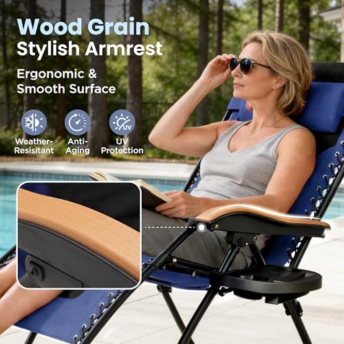 PHI VILLA XXL Oversized Padded Zero Gravity Chair Set of 2, Foldable Patio Recliner, 30" Wide Seat Anti Gravity Lounger with Armrest and Cup Holder, Support 400 LBS (Navy Blue) - color: Navy Blue, style: 2 Pcs