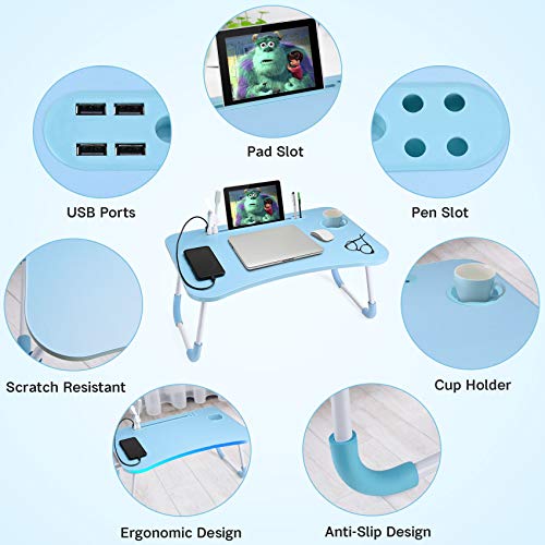 Slendor Lap Desk with Cup Holder, Foldable Laptop Table for Bed, Portable Bed Desk for Laptop and Writing, Computer Tray with Tablet Slot, Notebook Stand Reading Holder for Couch Sofa Floor,Blue - color: Blue