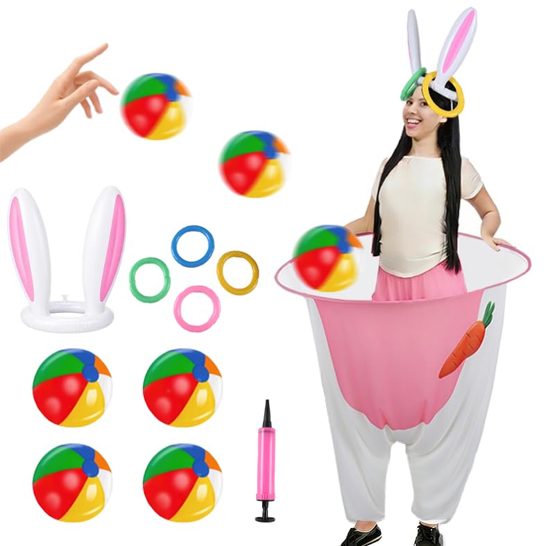 UATKIMI 11Pcs Easter Game Set for Adults Family, 1 Bunny Granny Pants Tossing Game, 4 Inflatable Balls, 1 Inflatable Rabbit Ears with 4 Rings and 1 Pump for Group Gatherings, Easter Party Favors Gift