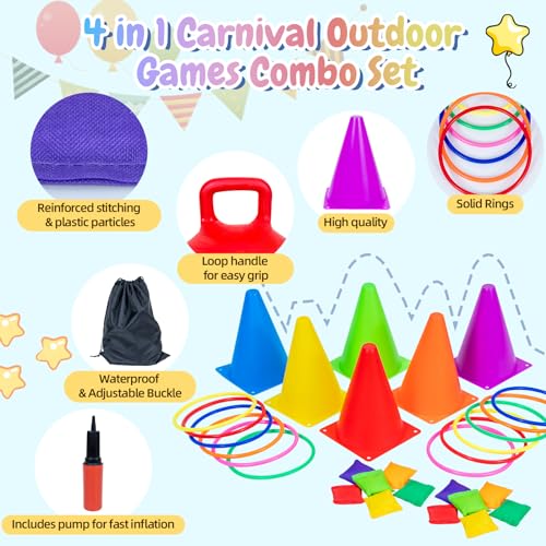 JOY SPOT! Carnival Outdoor Games Combo Set for Kids, 18 Inch Hopper Balls with Handles, Ring Toss, Bean Bags, Egg Spoon Relay Race, Fun for Backyard, Field Day, School, Birthday Parties, Family Events - style: Standard